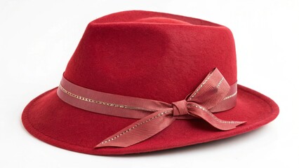 red fedora hat with ribbon isolated on white background