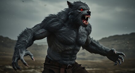 Fototapeta premium Furious Werewolf Growling in an Aggressive Stance on a Grassy Field