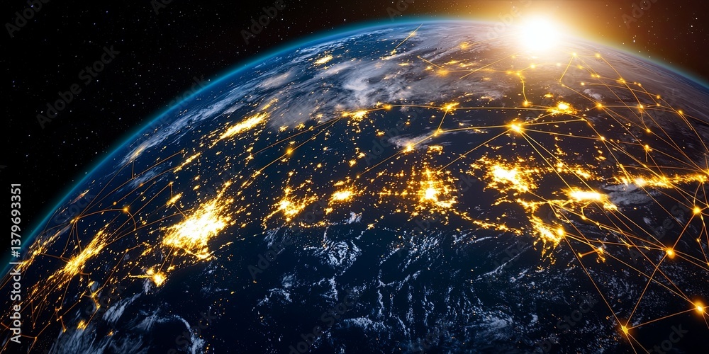 Poster a mesmerizing tapestry of light, the earth s surface at night, where interconnected nodes, represent