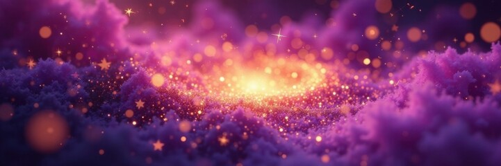 Sparkling gold glitter vortex in a shimmering purple mist, surreal, vortex, shimmer