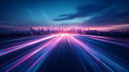 Obraz premium Futuristic City Skyline at Dusk with Glowing Lights and Speed Trails