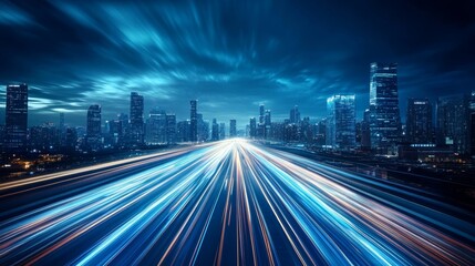 Obraz premium Futuristic City Skyline at Dusk with Glowing Lights and Speed Trails