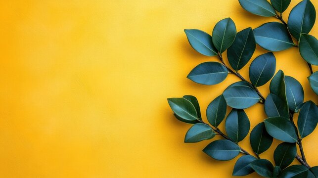 Fresh green leaves diagonally frame a vibrant yellow background, offering a natural and cheerful aesthetic. Ideal for blogs on nature, wellness, eco-friendly topics, or spring and summer themes