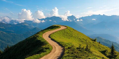 Fototapeta premium A winding mountain path, its summit shrouded in mist, signifies the strategic roadmap, the challenges and rewards that lie ahead as entrepreneurs embark on their business