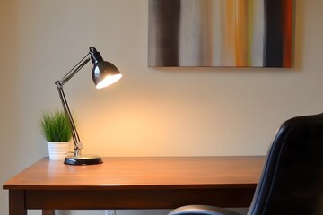 Minimalist Desk Setup with Lamp and Potted Plant in Cozy Home Office
