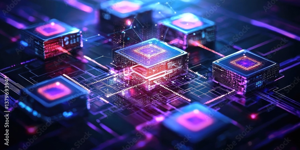 Fototapete A futuristic blockchain server, a digital tapestry woven with linked blocks, where cryptography and hash algorithms secured transaction data. A glimpse into the future of