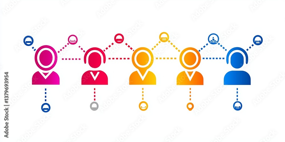 Poster a set of five thin line icons representing key aspects of business organization, including a human r
