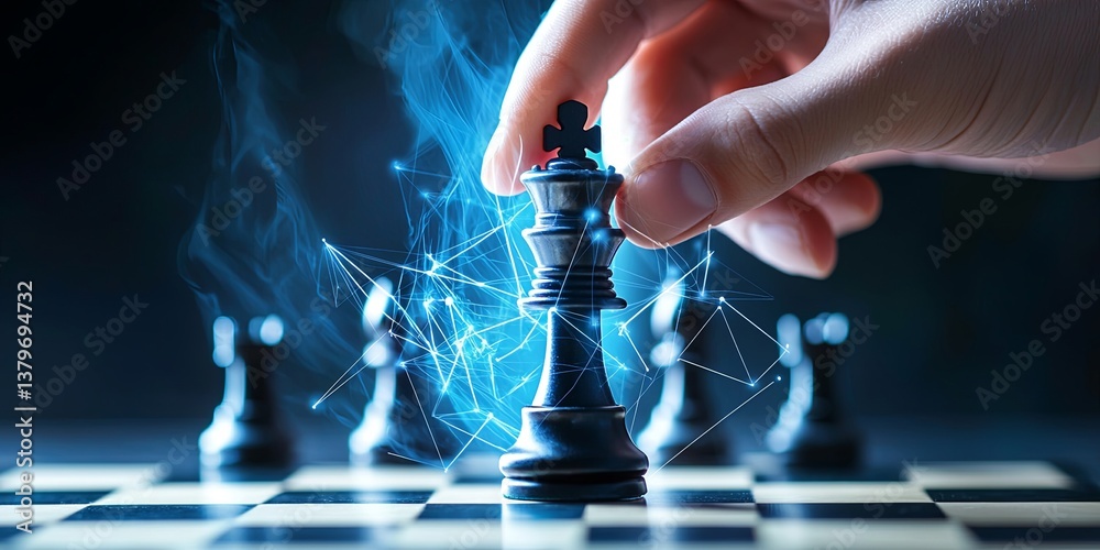 Poster a chessboard, double-exposed with a hand reaching towards its king, symbolizes a strategic business 
