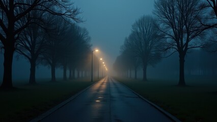 Empty tree-lined path illuminated by streetlights on misty evening in city park	