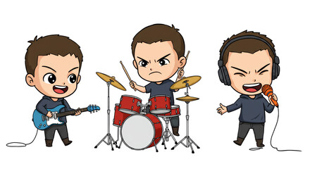 Cartoon Band Playing Music with Guitar Drums and Singing into Microphone