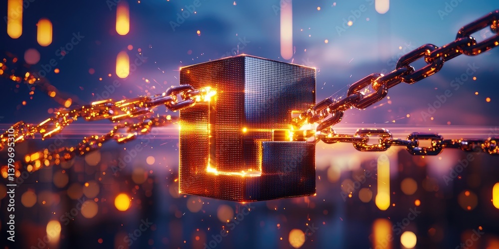 Poster A digital fortress, guarded by an unbreakable chain of blocks, where data flows securely, protected from cyber threats, a testament to the power of blockchain and cyberse
