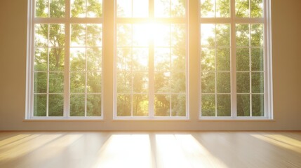 Fototapeta premium A bright, sunlit room features large windows framing a view of lush greenery outside, creating a warm and inviting atmosphere.