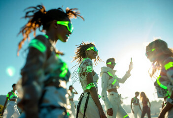 Neon clad dancers performing at rave in daylight