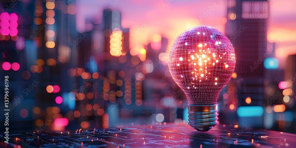 Poster a futuristic lightbulb, its form sculpted in sleek, modern polygons, emits a soft, ethereal glow aga