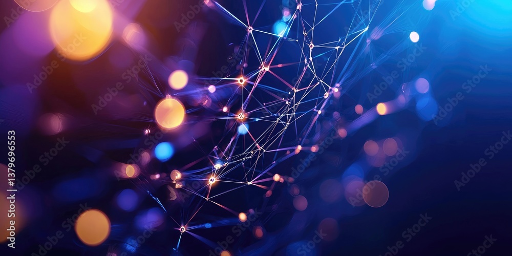 Poster A vibrant digital network, woven from strands of light and data, stretches across a deep blue canvas, its intricate nodes pulsing with an ethereal energy in a 3D renderin