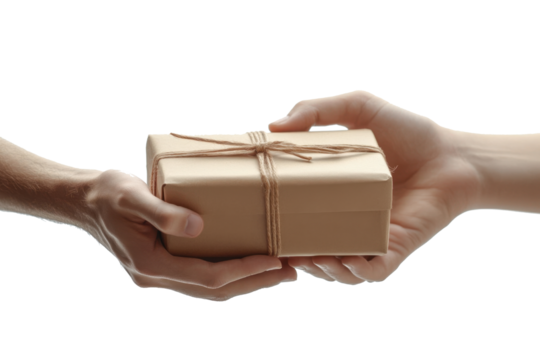 Hands exchanging a gift box on a white background highlighting delivery service and payment transfer interactions