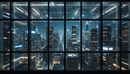 Grid-framed windows reflecting distorted city lights at night 