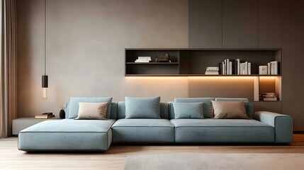 Cozy and Minimalist Living Room with Comfortable Sofa and Stylish Shelving