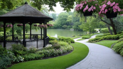 Gazebo overlooking picturesque pond in landscaped garden