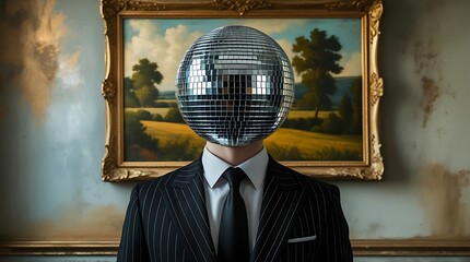 Mysterious figure in a sharp suit with a reflective disco ball head, blending fashion, surrealism, and conceptual art, evoking themes of anonymity, nightlife, and creativity.


