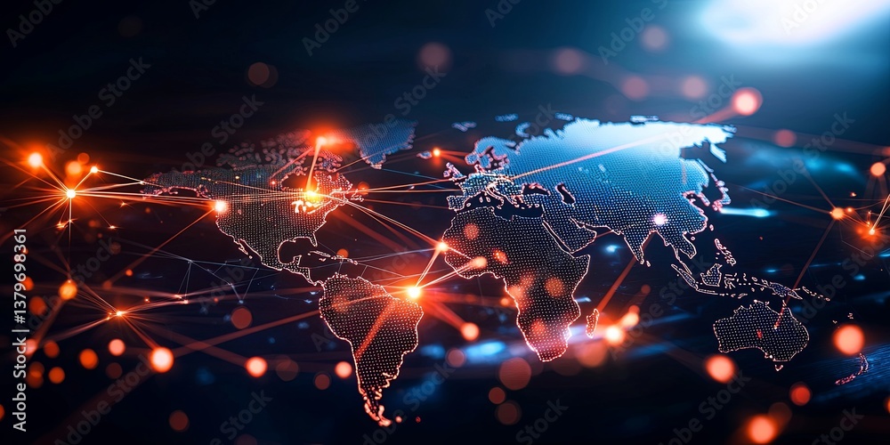 Poster A vibrant world map, pulsating with a network of interconnected nodes and lines, symbolizes the global reach and interconnectedness of businesses.