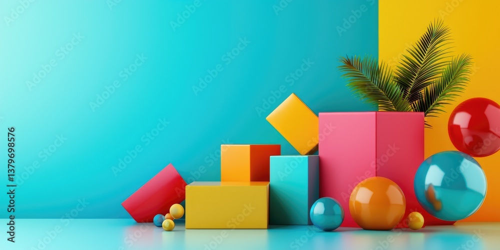 Aufkleber A vibrant abstract 3D rendering of geometric shapes, featuring a captivating composition of squares, a bold cube design, and a futuristic, modern background, perfect for