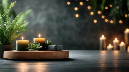Spa scene with candles, succulents, and towel on wooden tray.