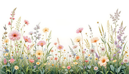 Blurred spring nature background with blooming daisy glade, trees, blue sky on sunny day. Grass field flowers in foreground. Summer meadow park serene scenic vista for relaxation. See Less
