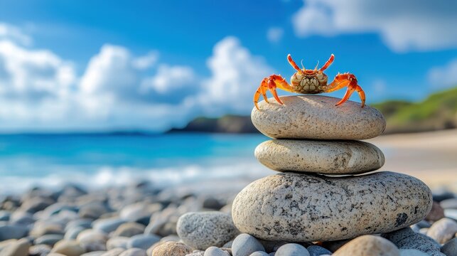 Vacation moment sunny day on a beautiful beach, and a stack of rocks stands balanced on the sand with crab, Relax and peaceful atmosphere.