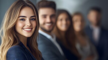A smiling woman with long blonde hair standing in front of a group of professionally dressed individuals in an office setting.