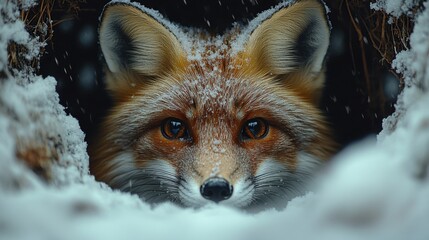 Red Fox Emerging from Snowy Den. Generative AI