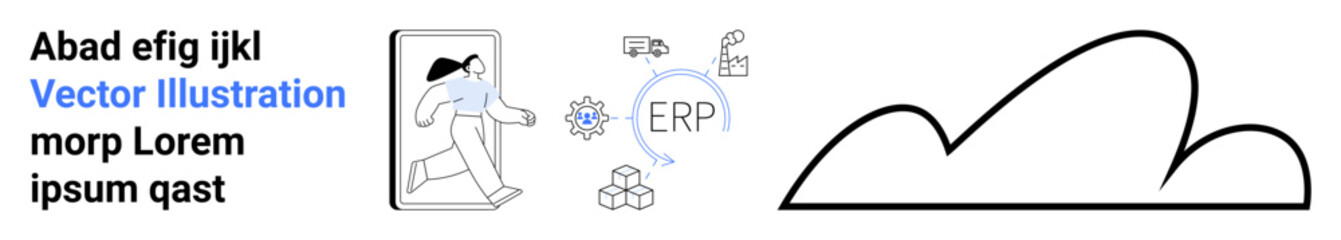 Businesswoman stepping through a screen, surrounded by ERP system icons, gears, and cloud structure. Ideal for technology, business solutions, innovation, software, cloud computing conceptual