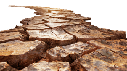 Cracked Earth Path: A close-up shot captures a winding path formed by the cracked surface of the dry earth, highlighting the textures of drought and environmental impact. 