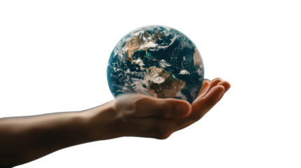 Earth in Hand: A symbolic image showcasing the planet earth held gently in a human hand, symbolizing care, protection, and our connection to the environment.