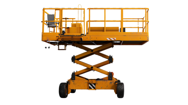 Industrial Lift: A robust industrial lift stands poised, ready for vertical ascent, its sturdy platform and scissor mechanism a testament to engineering and efficiency