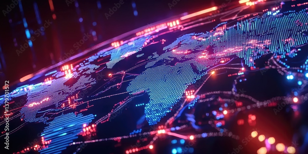 Fototapete A futuristic hud background, where a sleek world map pulsated with the interconnected nodes of a blockchain network, representing the global reach of cryptocurrency trans