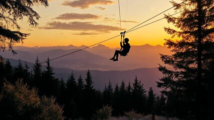 Woman Enjoys Zip Lining at an Adventure Park During Sunset Generative AI
