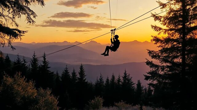 Woman Enjoys Zip Lining at an Adventure Park During Sunset Generative AI