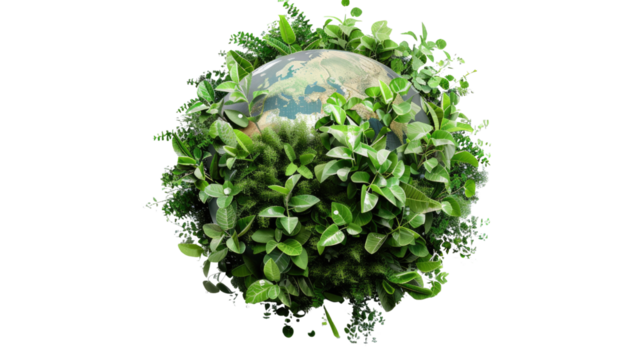 Green Earth: The Earth, embraced by a lush tapestry of green leaves, symbolizing the harmonious relationship between our planet and nature.