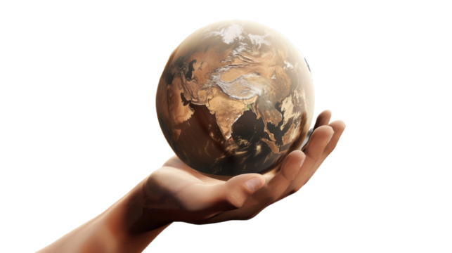 Global Embrace: A close-up shot of a hand cradling a miniature Earth, symbolizing care, sustainability, and the interconnectedness of humanity.