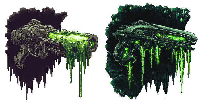 8 bit Pixel Art Alien Bio-Weapon Gun &ndash; Sci-Fi Slime Blaster with Toxic Green Ooze, Isolated on Transparent Background