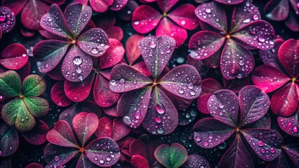Obraz premium Aerial Photography of Natural Floral Texture: Clover Leaves with Dew Drops in Viva Magenta - Closeup Shot for Nature, Botanical, and Floral Backgrounds