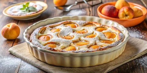A golden-brown homemade apricot clafoutis sits atop a ceramic dish, with a generous sprinkle of powdered sugar adding a touch of sweetness and elegance , #ApricotClafoutis, PowderedSugar