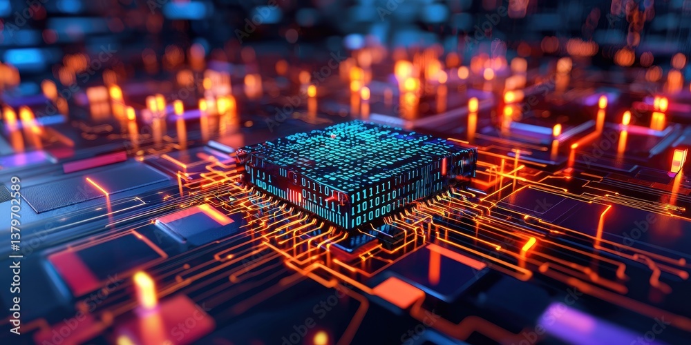 Fototapete A intricate, geometric network of binary code algorithms, the building blocks of artificial intelligence, forms a deep learning architecture, rendered in a 3D abstract st