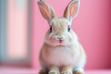 Obraz premium Cute fluffy rabbit sits calmly in a bright room with pink background during daylight hours