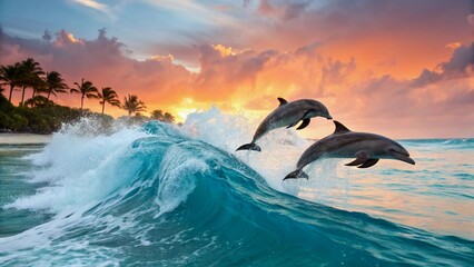 Obraz premium A playful pod of dolphins jumping through the ocean waves