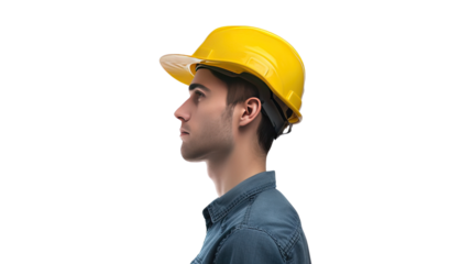 Construction worker: Side profile of a construction worker wearing a yellow hard hat, symbolizing safety and precision.