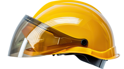 Vivid Yellow Safety Helmet: A detailed view of a bright yellow safety helmet, complete with a protective visor, showcasing the robust design and functionality for workplace safety.