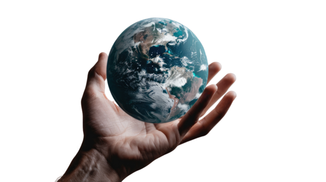 Earth in Hand: A detailed view of the earth held in a person's open hand, conveying themes of global responsibility, environmental protection, and world interconnectedness.