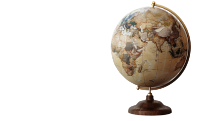 Global Exploration: A detailed, vintage-style globe rests on a wooden stand, inviting exploration and sparking curiosity about the world.